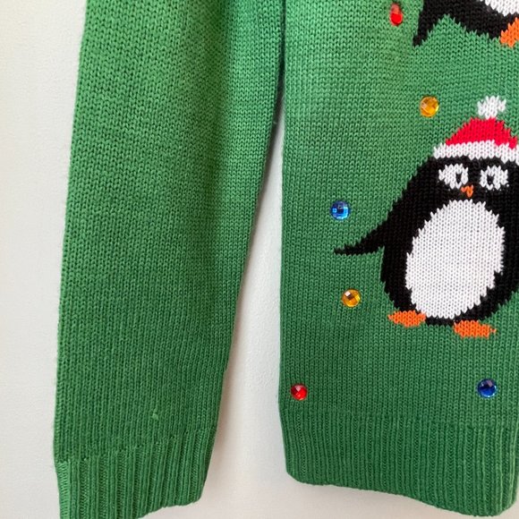 Wet Seal Green V-neck Button-up Bejeweled Penguin Holiday Knit Cardigan Small - Picture 2 of 4